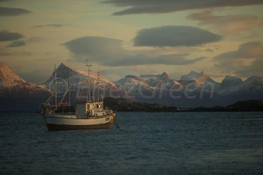 Bateau au mouillage Loffoten Norvège